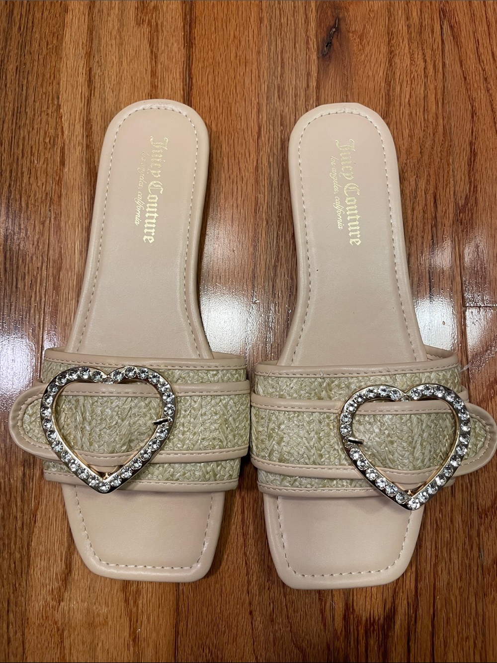 Juicy Couture Raffia Slides Y2K Crystal Heart Buckles Size 9.5 Never Worn